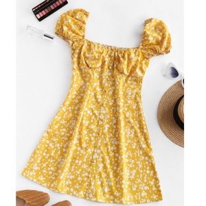 ZAFUL Ditsy Print Puff Sleeve Yellow Dress